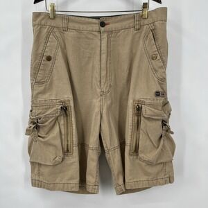 Y2K WearFirst Mens 38 Cargo Shorts Tan Khaki Ramie Cotton Pockets Utility Grunge